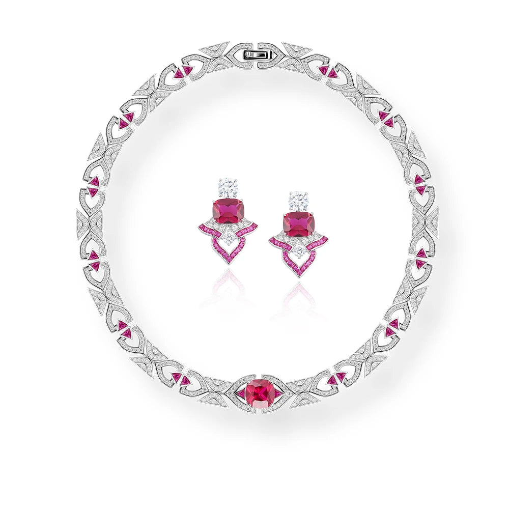 Red Fan-shaped Necklace Earring Set Brass Zirconia Women's Engagement Dress Jewelry Dubai Fashion Gift Accessories