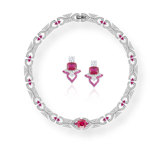 Red Fan-shaped Necklace Earring Set Brass Zirconia Women's Engagement Dress Jewelry Dubai Fashion Gift Accessories