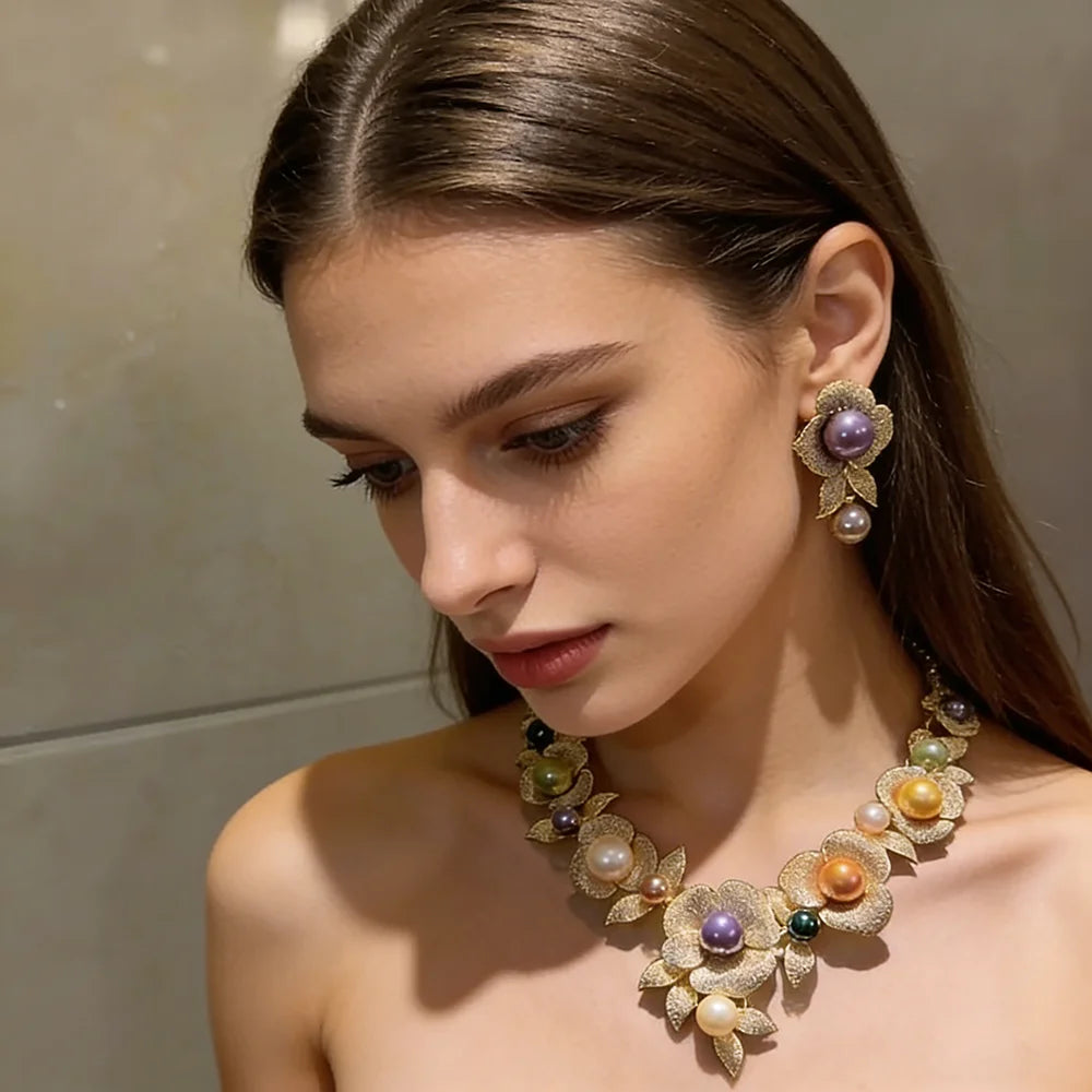 XM S206 Platinum Plated Gold Tone Multi Color Imitation Pearl Flower Statement Necklace Earrings Set for Anniversary Gift