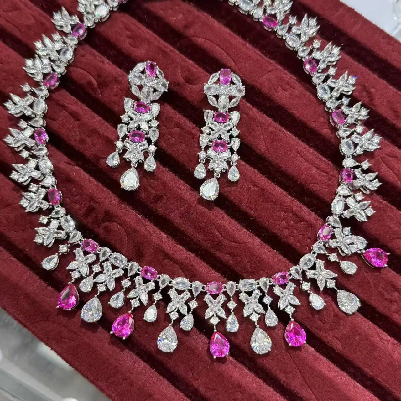 Luxury Cubic Zirconia Geometric Necklace & Earrings Bridal Set — Pink, Green & Purple