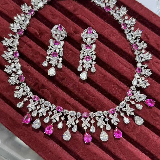 Luxury Cubic Zirconia Geometric Necklace & Earrings Bridal Set — Pink, Green & Purple