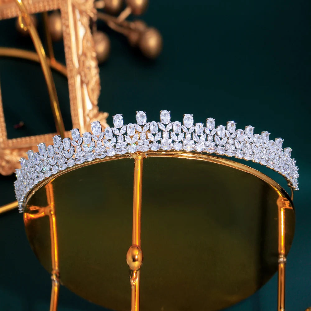 Shiny Cubic Zirconia Flower Leaf Shape Elegant Luxury Headpiece Bridal Tiara Crown for Women Wedding Hair Jewelry Accessories