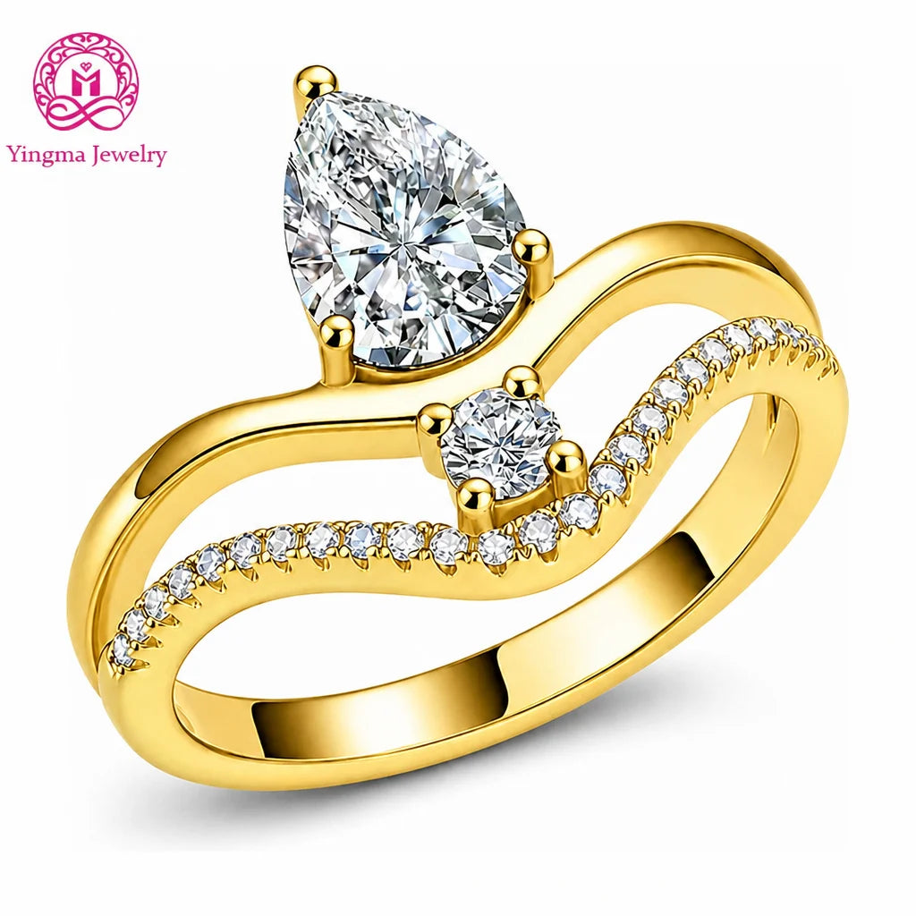 Gemfiori Unique Two Row Crossover Lab Grown Diamond Ring 1CT D VVS1 Pear Cut 9K/10K/14K/18K/PT950 Real Gold Women Premium Fine Jewelry