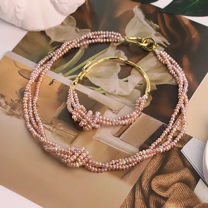 GLSEEVO Natural Purple Pearl Knotted Jewelry Set for Women Birthday Gift Pearl Necklace Bracelet with Clasp Fashion Jewelry