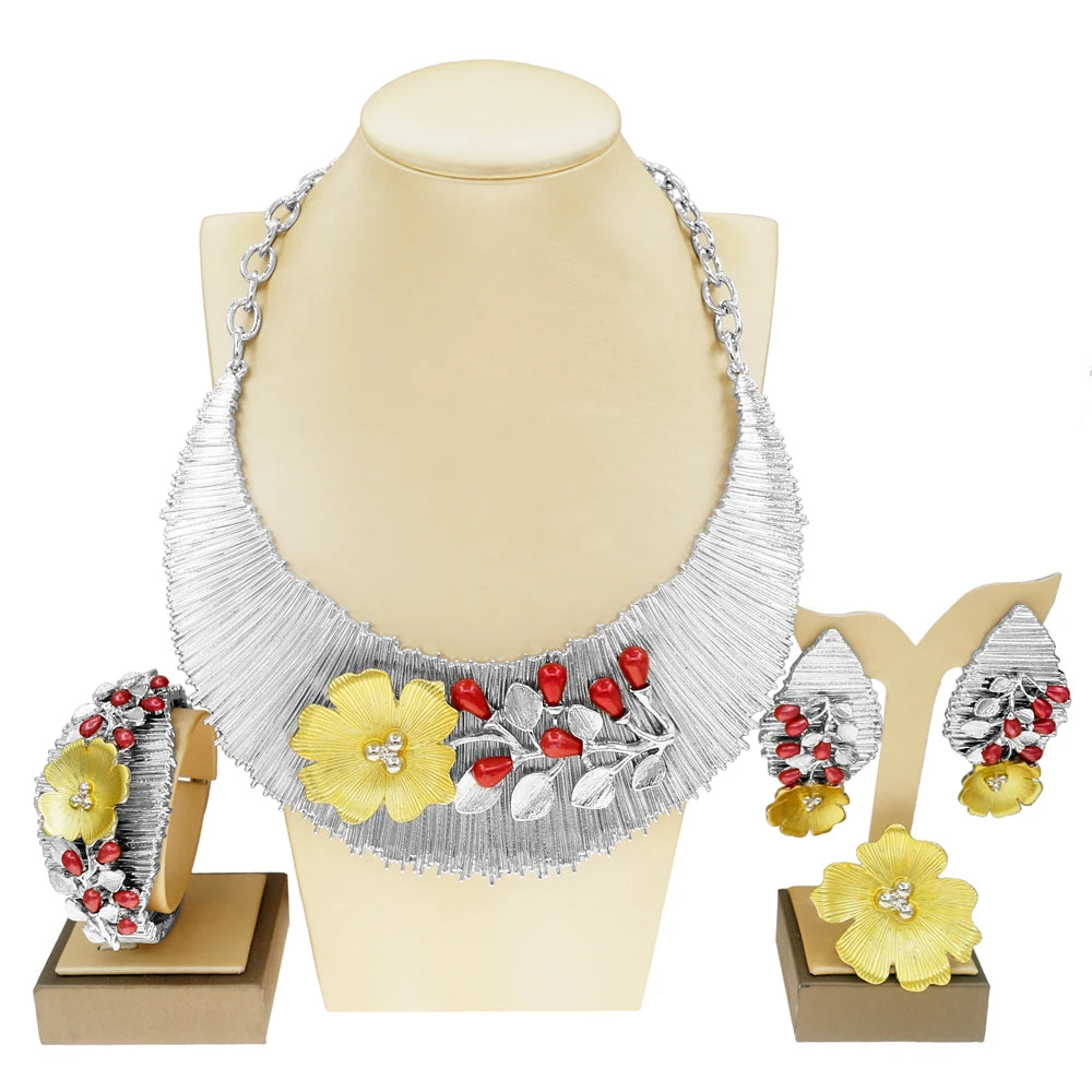 Zhuerrui Italian Big Block Pattern Jewelry Set Copper Real Gold Plated Jewelry Sets Luxury Western Wedding Jewellery Gift H00497