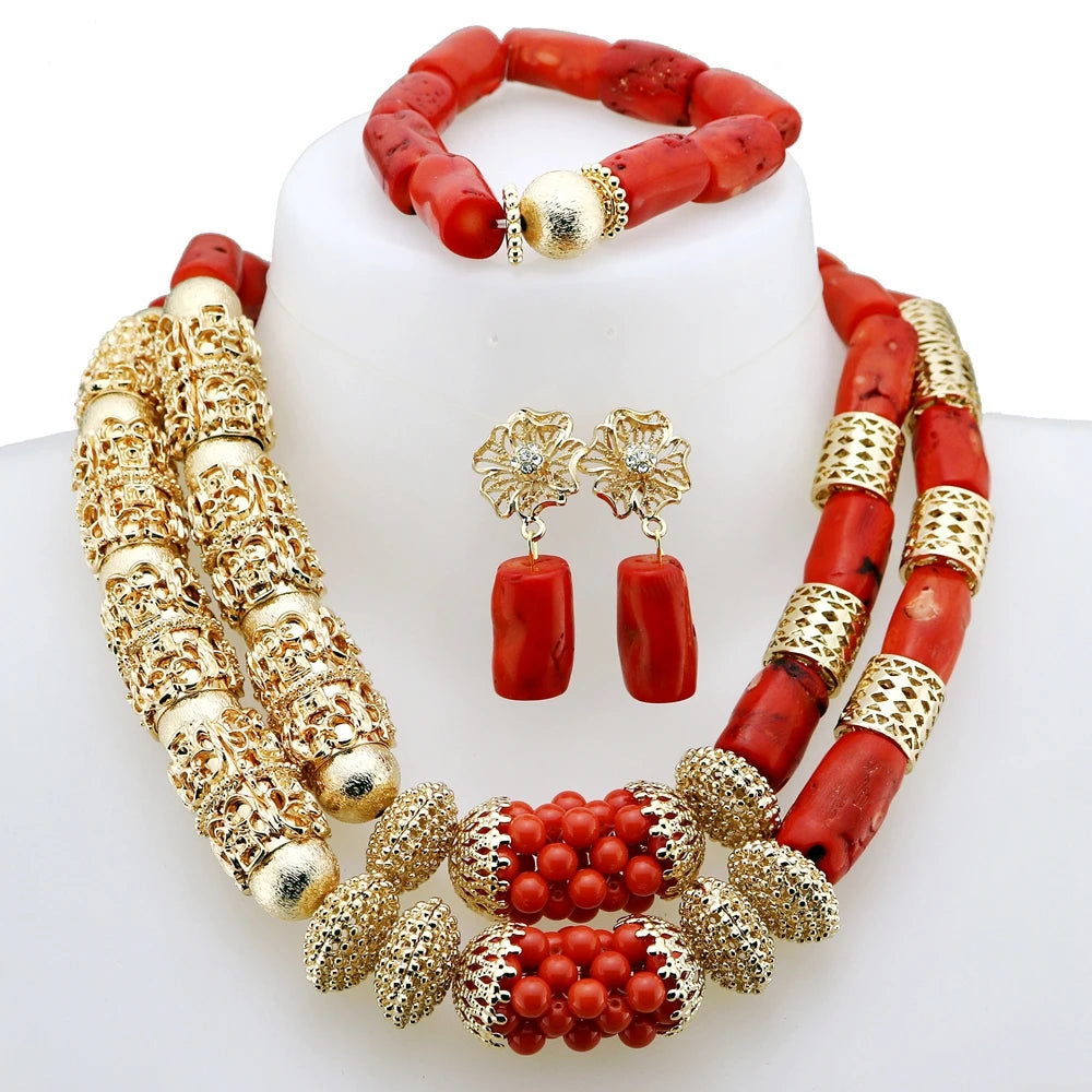 Zhuerrui Bohemian Style Red Coral Bead Jewelry Set with Exquisite Gold Pendant Suitable for Women's Evening Parties YL237