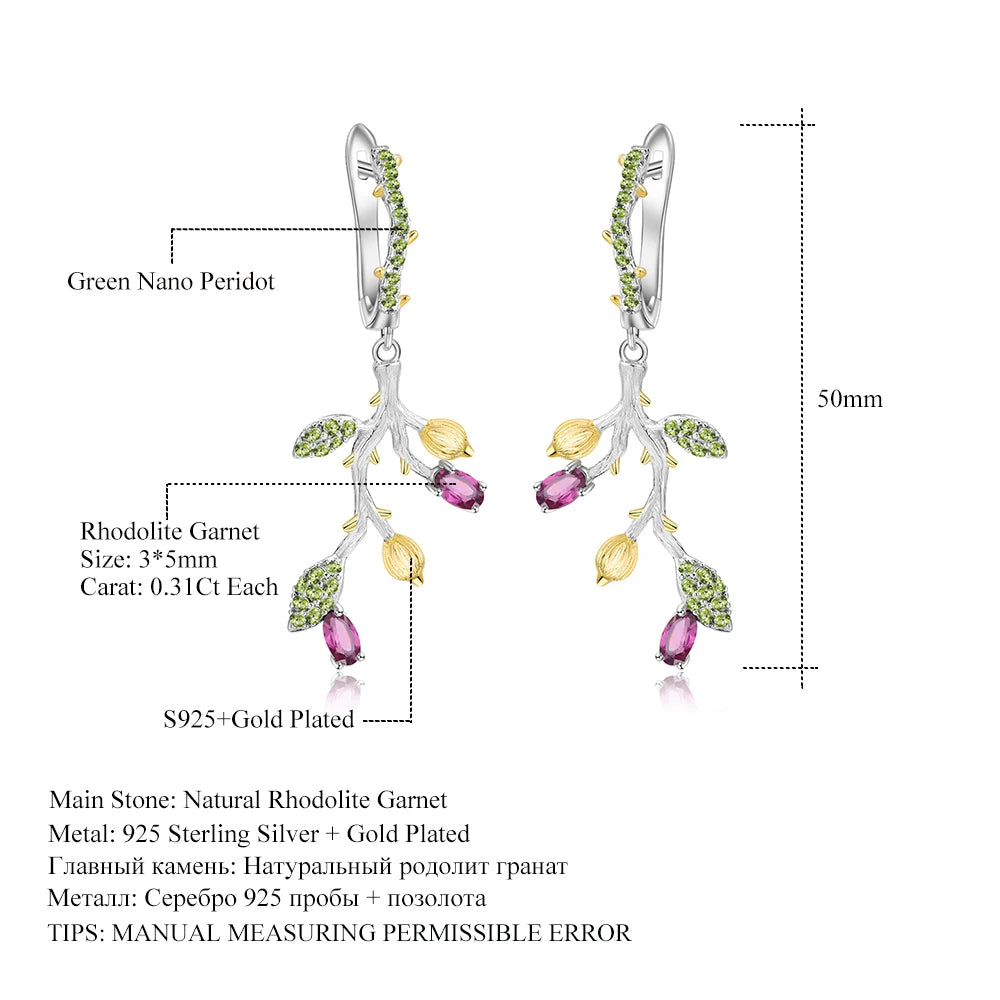 ArtistA Embrace Nature Plant Theme 925 Silver Natural Rhodolite Garnet Leal Bud Branch Earrings & Double Finger Ring Jewelry Set