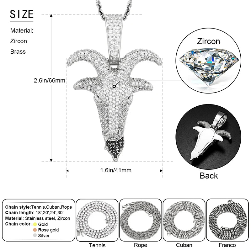 BiG-BOSS Hip Hop Full CZ Diamond Jewelry Gold Plated Brass Goat Head BlingBling Pendant Charms Rope Chain Necklace for Men Women