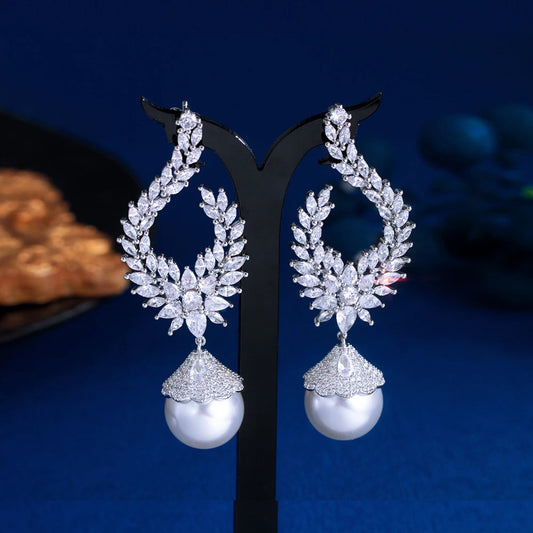 S&S White CZ & Pearl Bridal Long Dangle Drop Earrings – Marquise Cut – Rhodium Plated – Collection