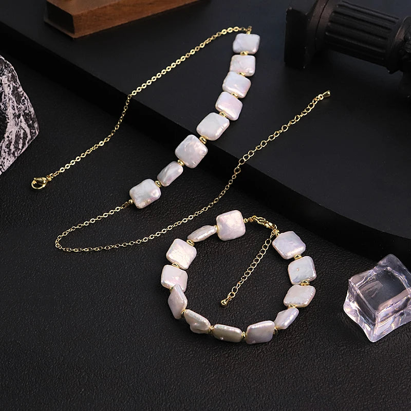 GLSEEVO Natural Freshwater Square Baroque Pearl Jewelry Set | Necklace & Bracelet | GS0237 | STYLISTA Collection