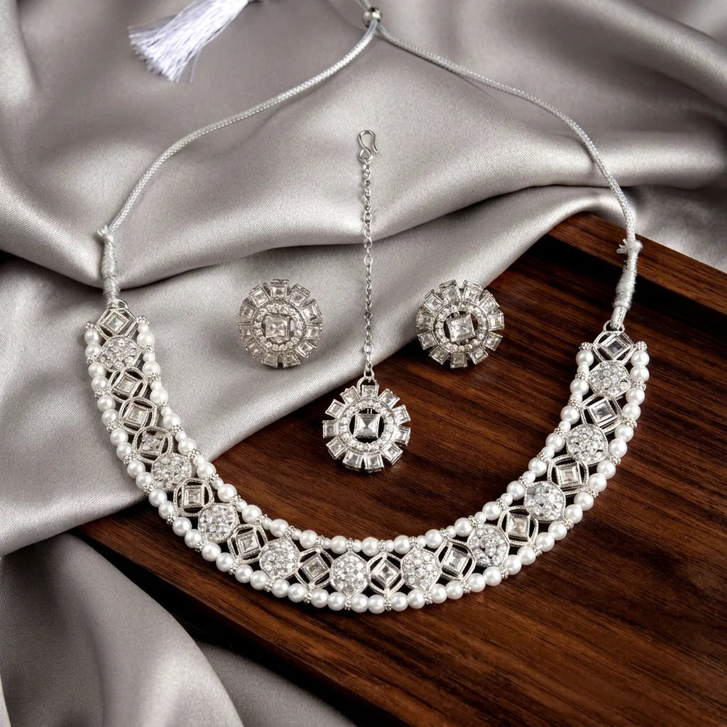 Premium White Pearl Bridal Choker Necklace Set with Earrings and Maang Tikka Elegant Wedding Party Wear Jewelry Gift Set