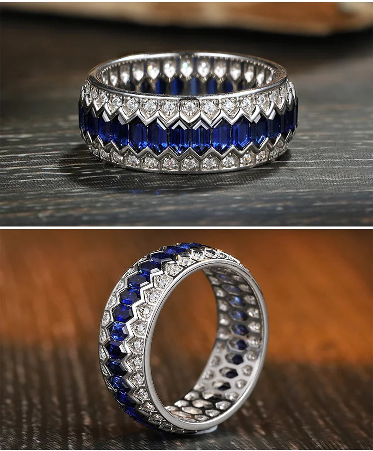 Gemfiori High Quality Royale Jewelry Blue Sapphire Wedding Ring Women Size 4-11 Women Sapphire Ring Mian Stone 1.75*3.5MM