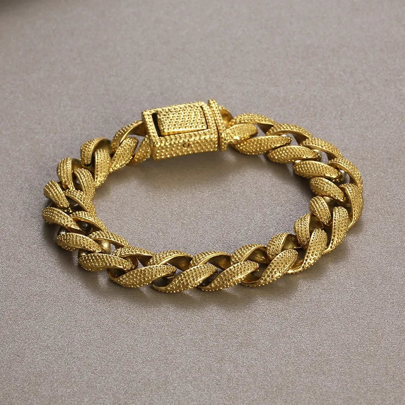 KALEN Men Retro 220mm Stainless Steel Grainy Surface Cuban Links Bracelet