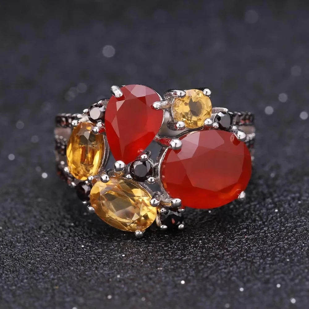 ArtistA C7645 Abiding Multiple Gemstones Natural Carnelian Red Agate Citrine 925 Silver Sterling Cluster Ring Women Jewelry