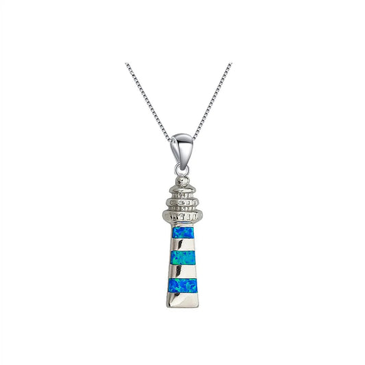 Aobao Christian Copper Blue Opal Geometric Lighthouse Necklace Silver Plated Sweater Chain Pendant Gift