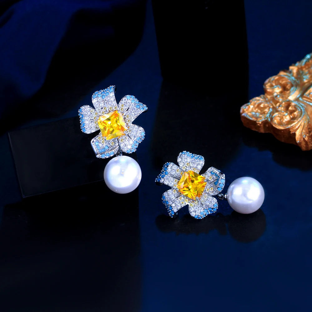 Women Elegant Jewelry Multicolor Cubic Zirconia Artificial Pearl Turquoise Big Flower Drop Earrings for Bridal Valentine's Day