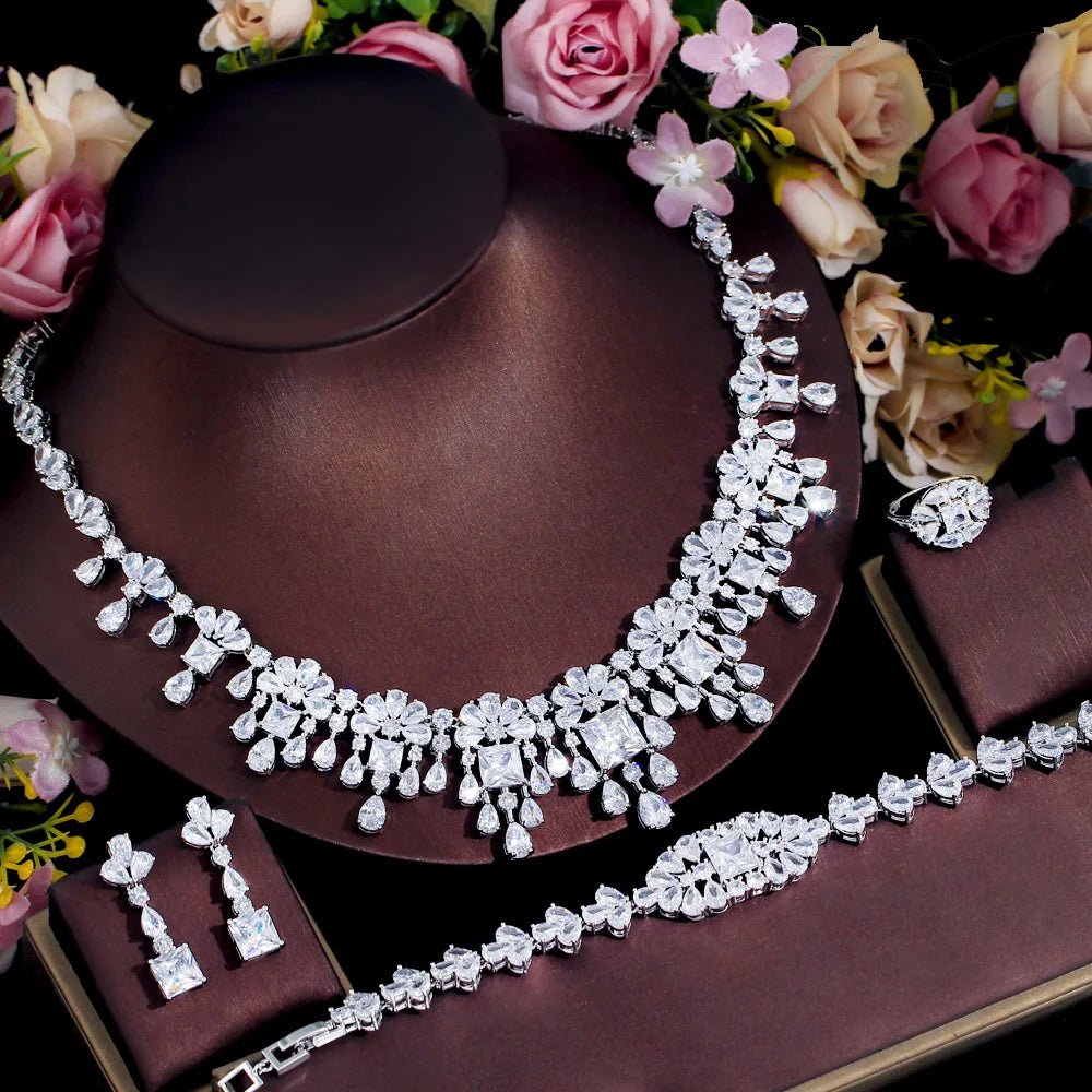 4pcs Big Dubai Cubic Zirconia Flower Fringed Expensive Luxury Chunky Wedding Bridal Necklace Jewelry Sets for Women Jewellery