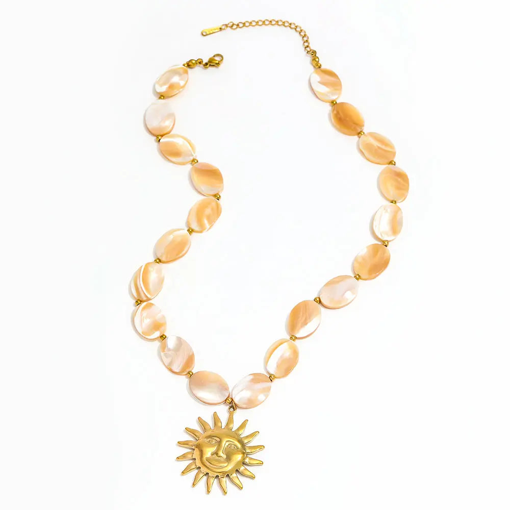 Joolim PVD Plated Wholesale Waterproof Fashion Boho Sun Face Pendant Natural Shell Bead Chain Necklace Stainless Steel Jewelry