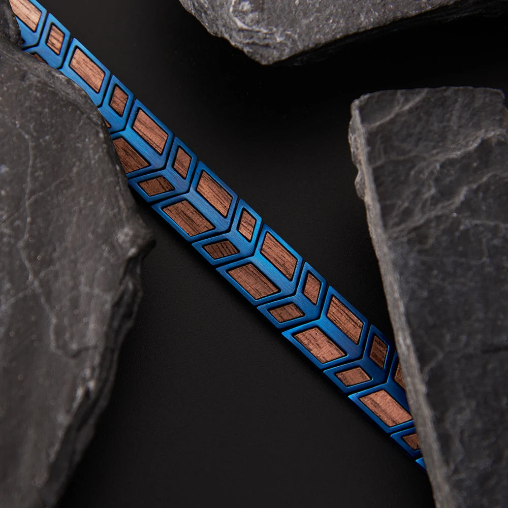 REBEL Blue Stainless Steel and Walnut Wood Skeleton Bracelet Classic Style for Men and Women for Anniversary Occasions