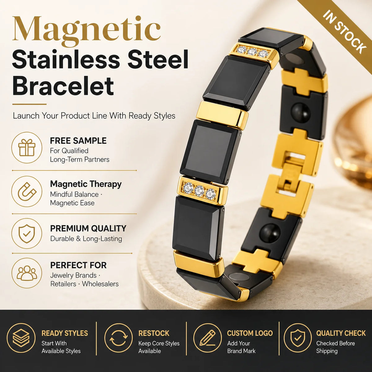 NewLife - Magnetic Black Ceramic & Gold-Tone Crystal Bracelet