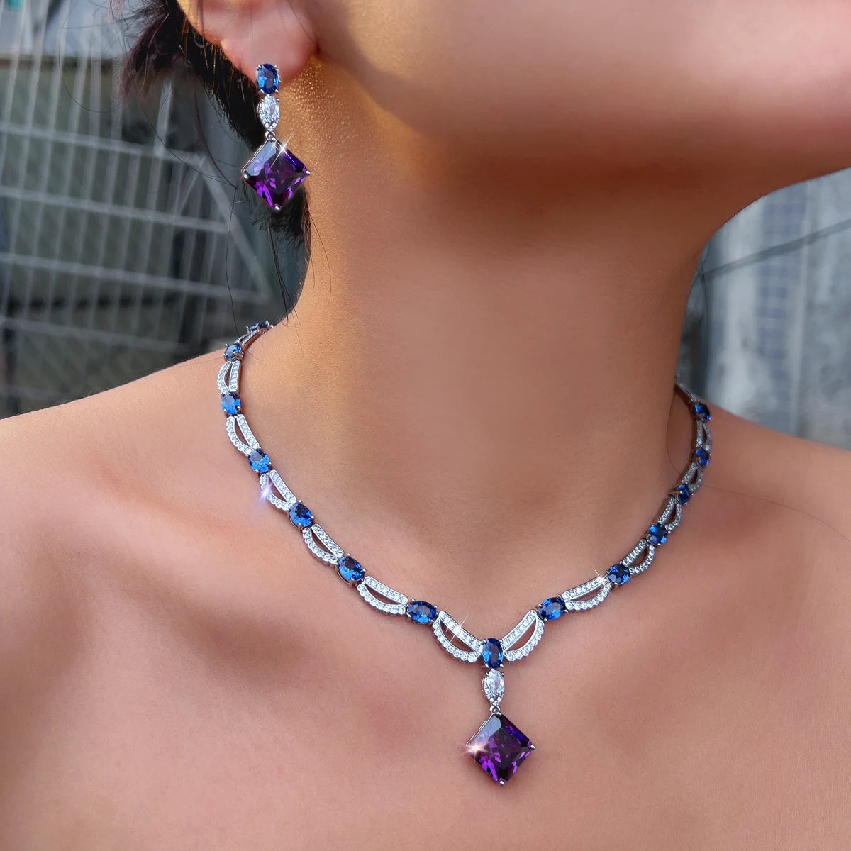 Rhodium Plated CZ Jewelry Set Cubic Zircon Blue Oval Purple Rhombus Dangle Drop Necklace Earrings Jewelry Set for Brides Wedding