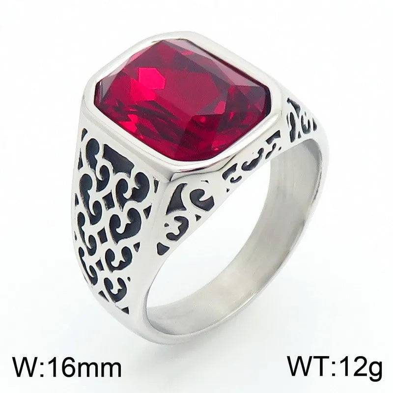 Kalen Vintage Viking Jewelry Luxury Court Style Gemstone Carved Zircon Inlays Stainless Steel Men Rings