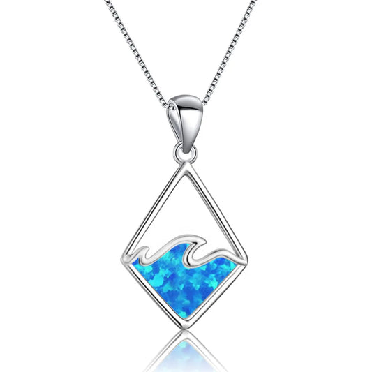 Hawaiian Beach Wave Opal Necklace | Blue Gemstone Ocean Pendant Long Sweater Chain