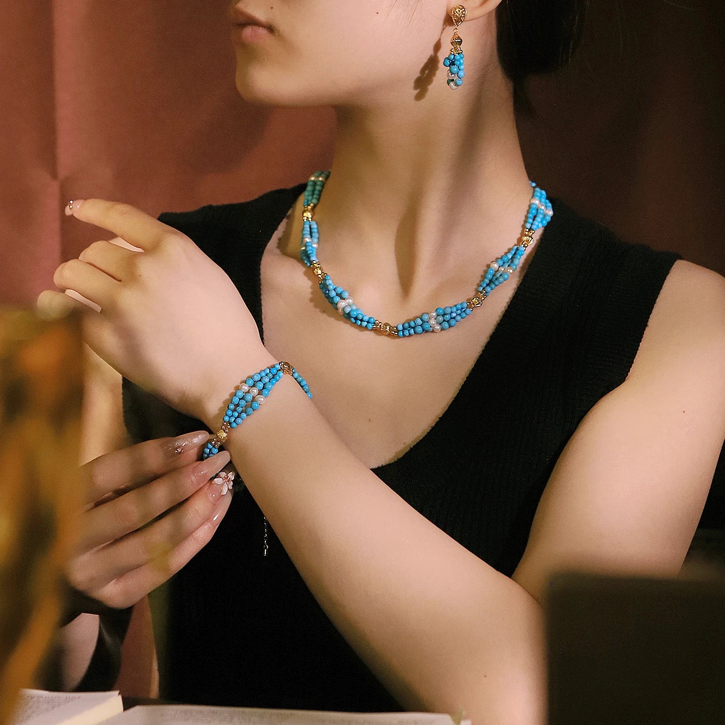 GLSEEVO Natural Pearl & Turquoise Three-Piece Necklace, Earrings & Bracelet Set — Bohemian Style | Blue