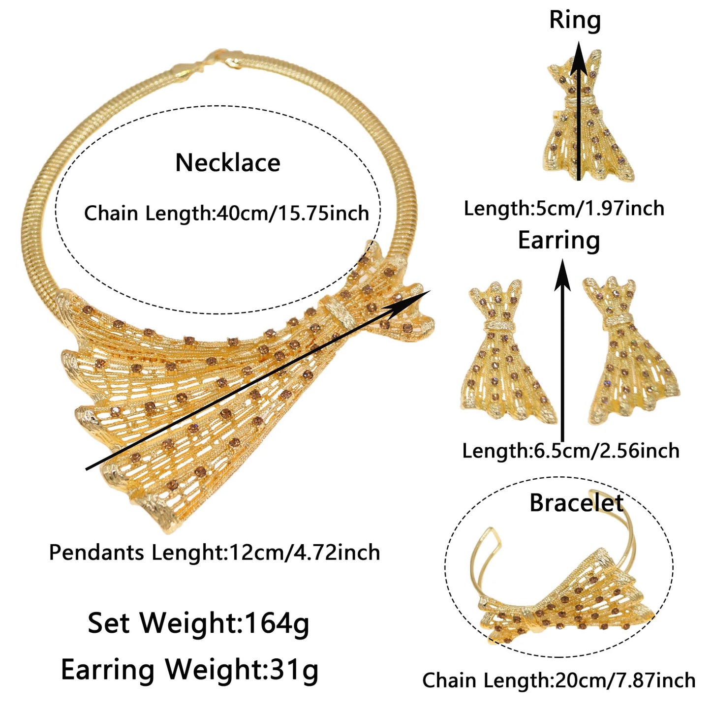 Zhuerrui Hot Selling Diamond Set High Quality Jewelry Set Brass Gold Plated Bow Earrings Dubai Wedding Jewelry Four SetsH00771