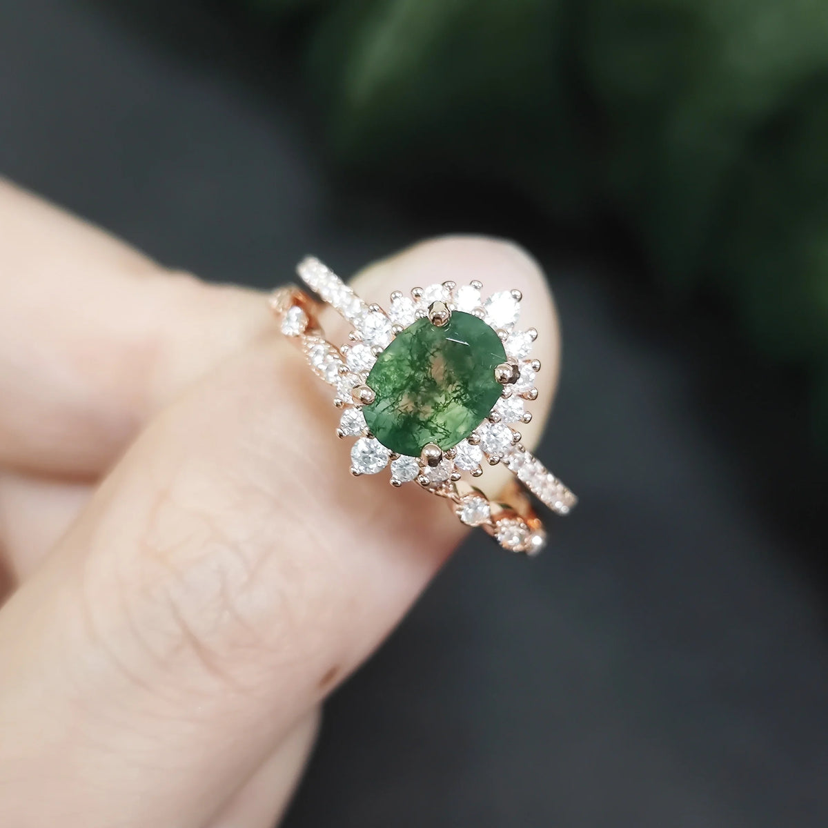ArtistA Abiding Direct Sale 925 Silver Rose Gold Plated Oval Cut 6x8MM Natural Moss Agate Cz Halo Wedding Ring Set Wedding Band