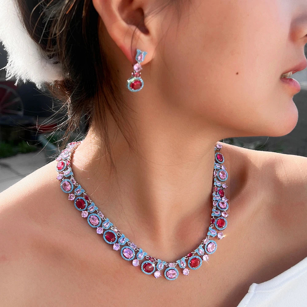 Glamorous Necklace and Earrings Oval Shape Dazzling Cubic Zirconia Blue Red Pink Big Multicolor Jewelry Set for Women Banquet