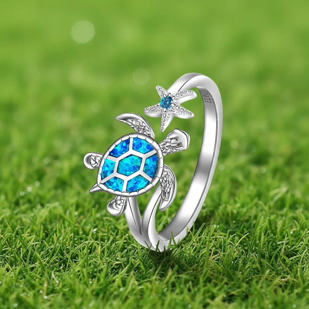 Ring | Iridescent Gem Inlay Turtle Shape Christian Lab Created Band | Modern Silver/Gold Plated Women's Trendy Fashion Jewelry