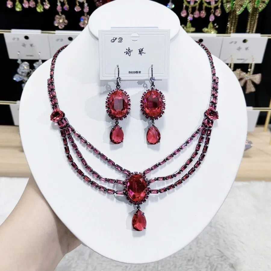 K086 High End Women Exquisite Luxurious Geometric Red Zircon Bridal Necklace Earrings Set Wedding Elegant Jewelry Set