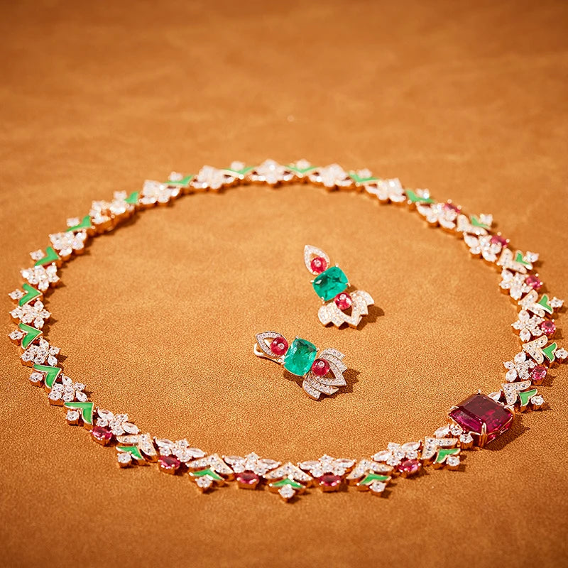 Enamel Craft Women's Two-piece Brass Necklace Earrings Inlaid with Colorful Leaves Design  Not Easily Oxidized  Perfect Zircon