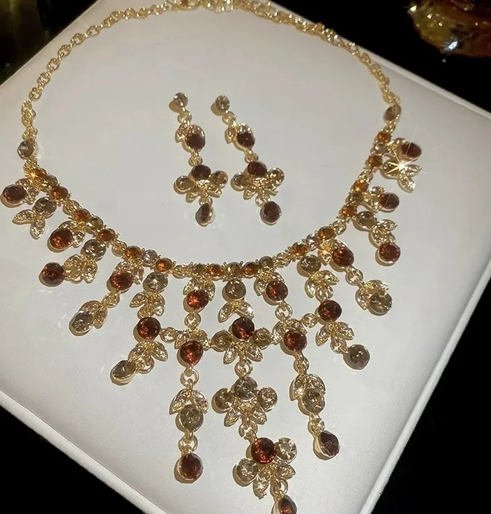 XM S389 Gold Plated Coffee Brown Topaz Tassel Water Drop Pendant Necklace & Drop Earrings Set