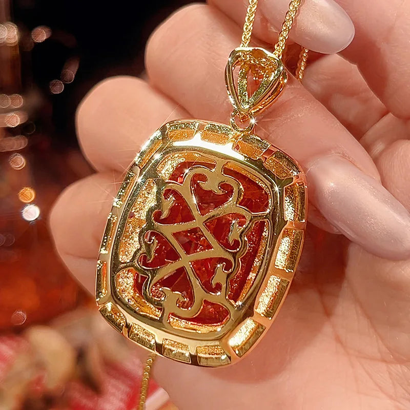 REDheart Simulation Color Treasure Light Luxury Gold Plated Copper Inlaid Zircon Crown Women's Wedding Pendant Jewelry Set