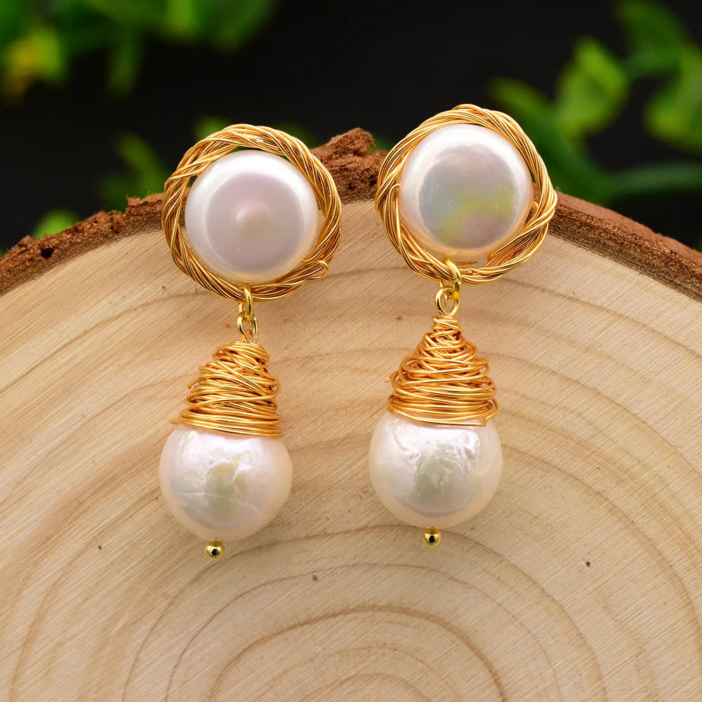 Natural Freshwater Pearls Metal Stud Earrings  Geometric Irregular  for Women Girl Gift Pearl Earrings Fashion Jewelry