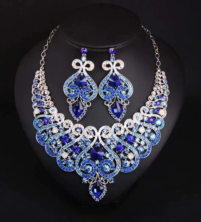 Luxury Princess-Cut Zirconia & Pearl Floral Statement Necklace & Drop Earrings Bridal Set — Gold Plated