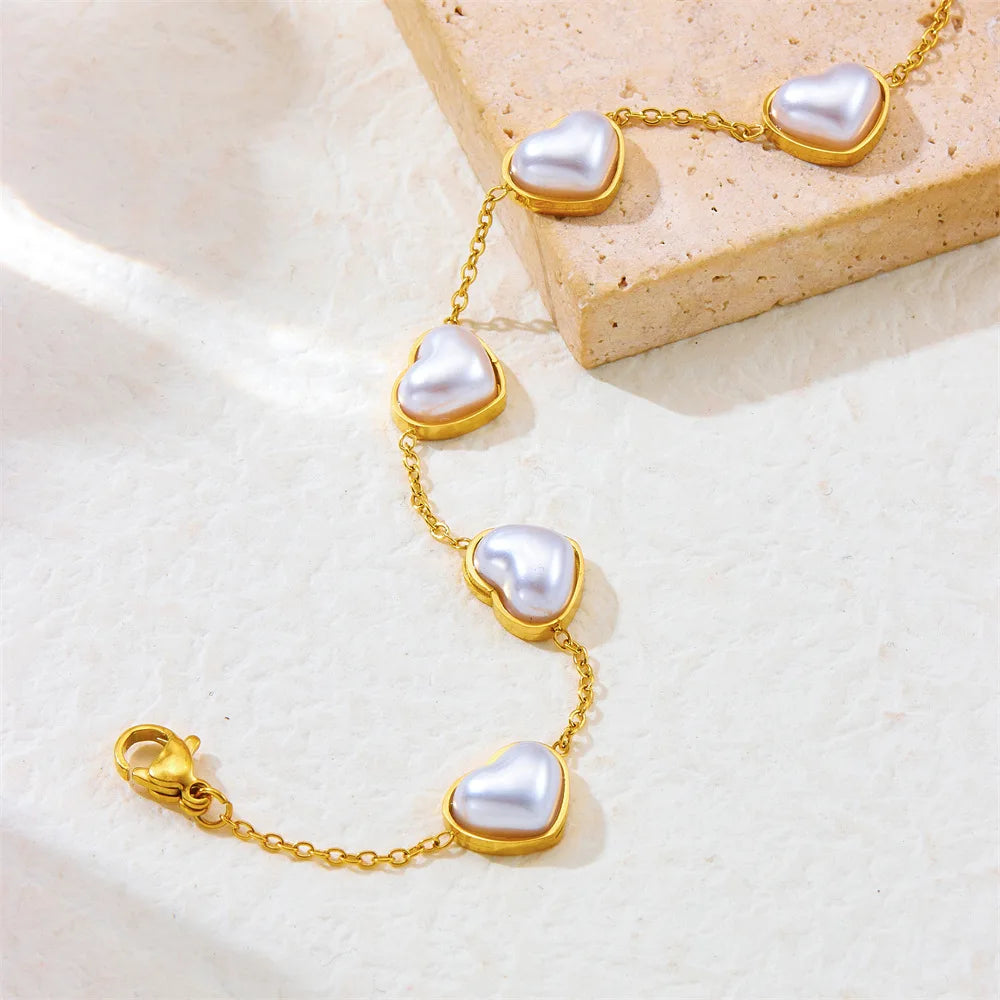 Gold Pearl Heart Necklace, Earrings & Bracelet Jewellery Set | Elegant Fashion Set