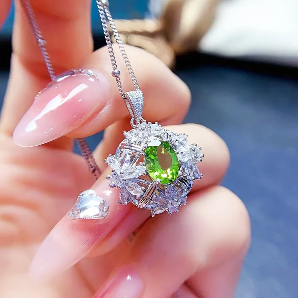 REDheart Luxury Gold Plated 925 Sterling Silver Natural Peridot Claw Setting Necklace Ring Kids Jewelry Set Wedding Party Birthday Gifts