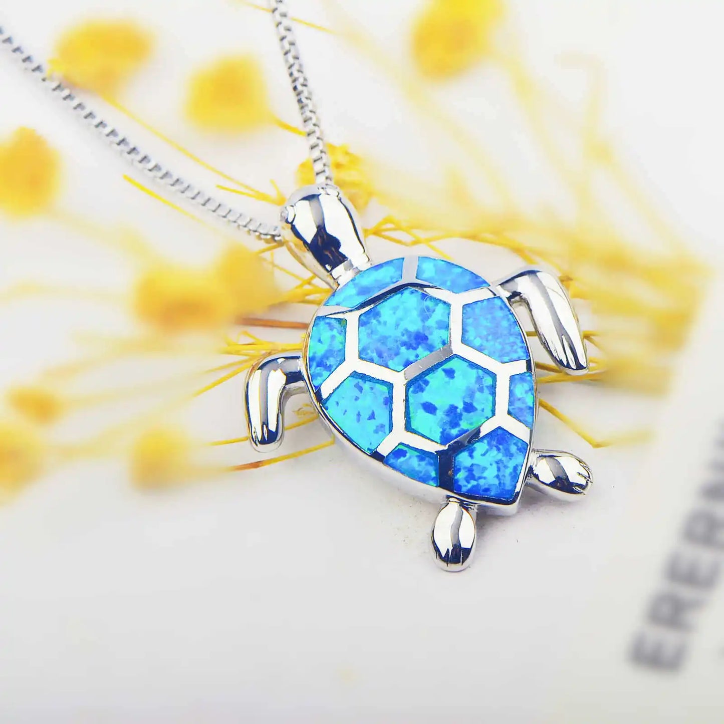 European American Style Christian Blue Opal Turtle Pendant Lariat Necklace Copper Silver Plated Animal Box Chain Minimalist