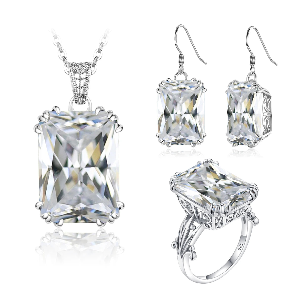 ArtistA Sapphire Blue Stone Zircon Crystal Sterling Silver Jewelry Sets for Women Retro Crown Ring Pendant Earring for Party Engagement
