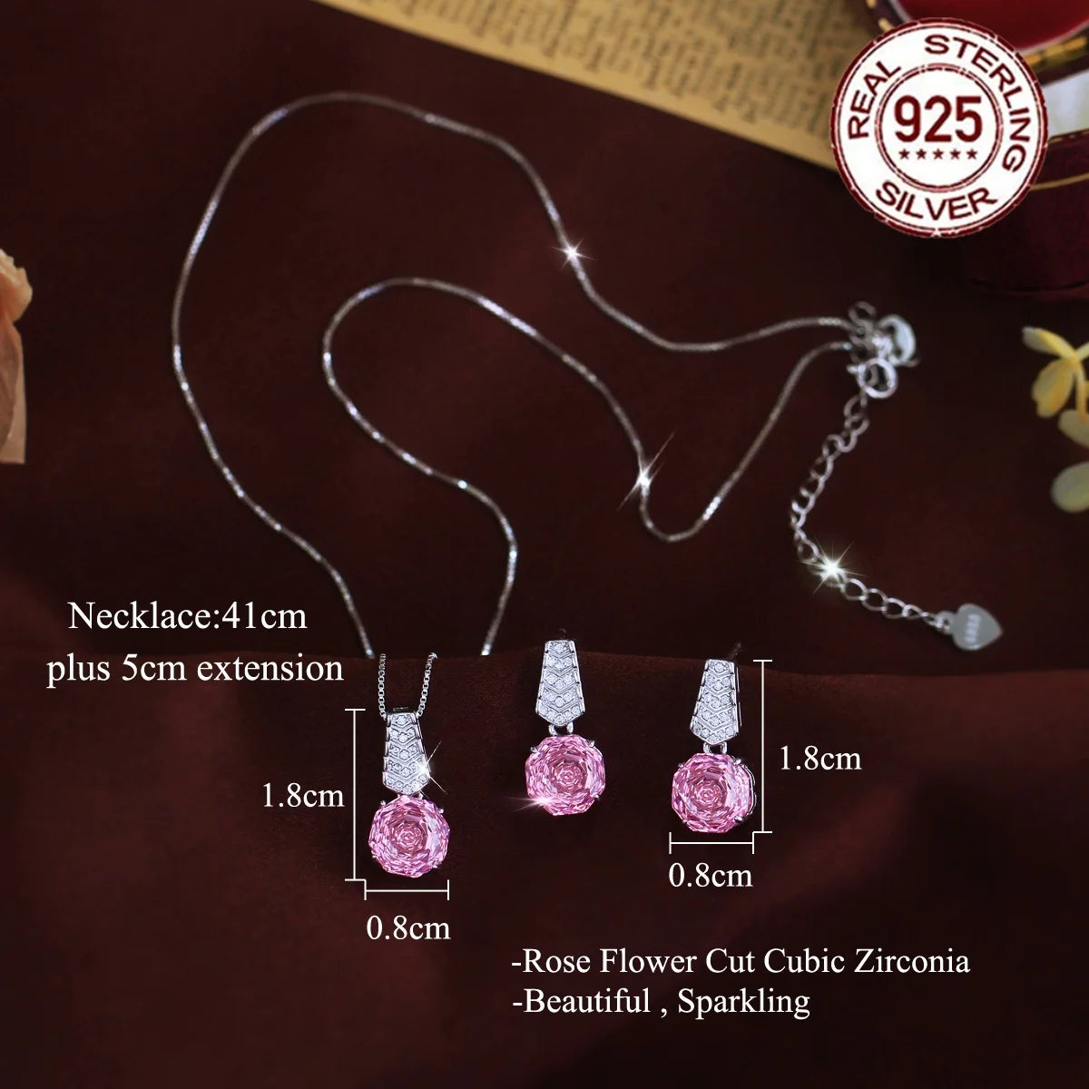 S925 Sterling Silver Pendant Necklace and Earrings Hypoallergenic Rose-Cut Cubic Zirconia V-Shaped Ladder Design Jewelry Set