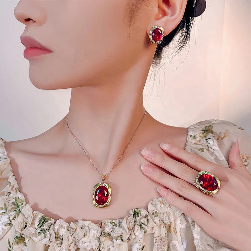 Gemfiori New Vintage Royal Amethyst Elegant Jewelry Cushion Cut Purple Gem Halo Pendant Necklace Earrings Ring Luxury Party Gifts for Her