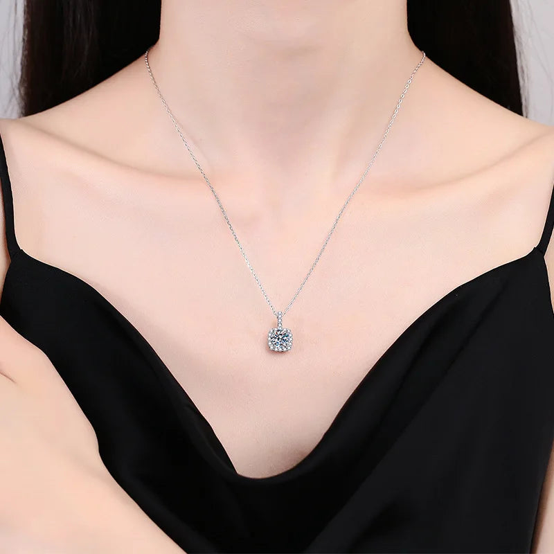 Factory 925 Sterling Silver Square Bezel Set Round Cut 1ct VVS GRA Colored Moissanite Jewelry Trendy Women Necklace Jewellry