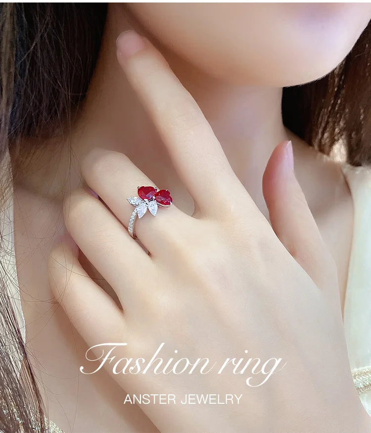 Gemfiori New Romantic Rhodium Plated Lab Grown Ruby Heart Rings 925 Sterling Silver Anniversary Wedding Gift for Women
