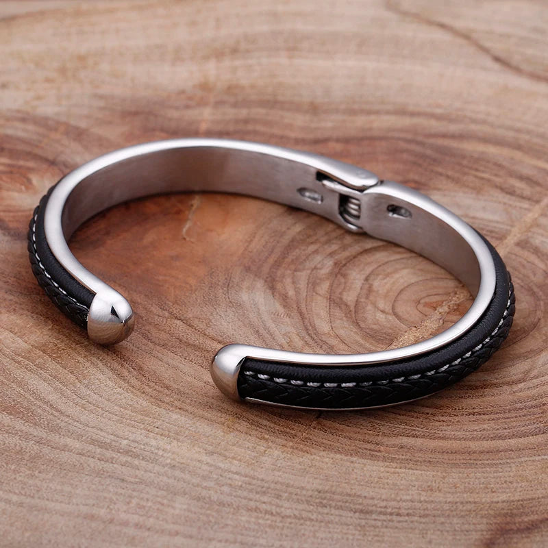 KALEN Stainless Steel Black Leather Bangle Charm Cuff Bracelets & Bangles for Men