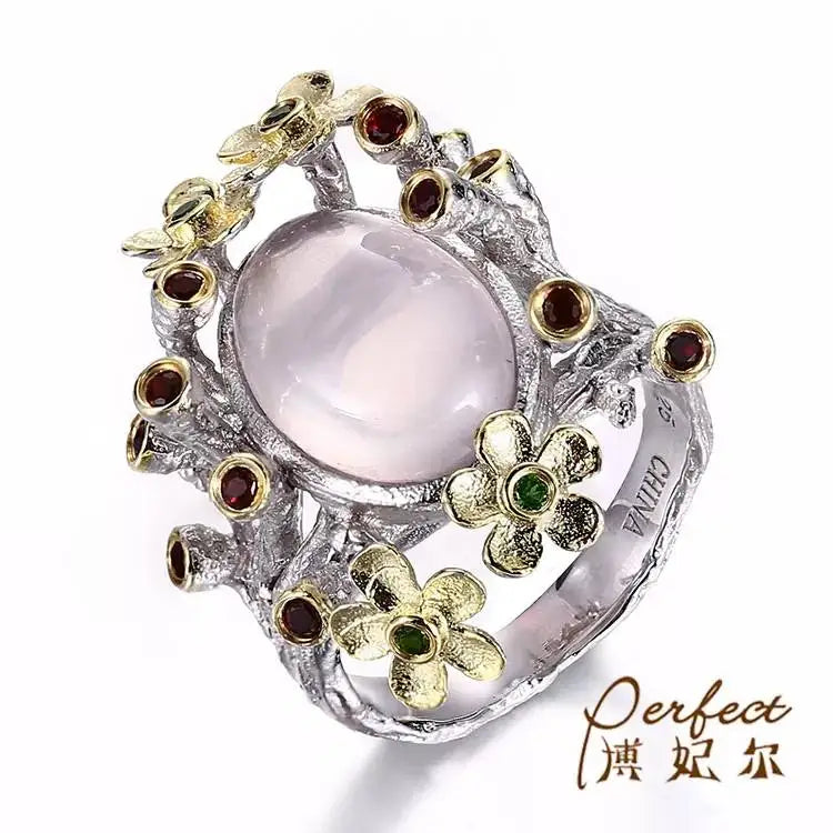 Flower Design Pink Quartz Main Stone 925 Sterling Silver Jewelry Ring for Women