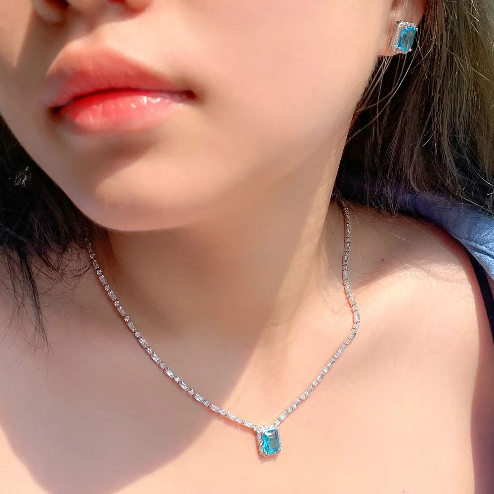 S&S CZ Square Stud Earrings & Baguette Necklace Jewellery Set – Blue & White – Collection