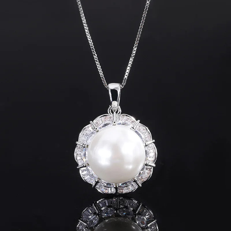 Fashion Eco-friendly Copper 16MM/12mm White Shell Pearl Handmade Bridal Pendant Earrings Ring Set Pearl Jewelry Sets for Brides